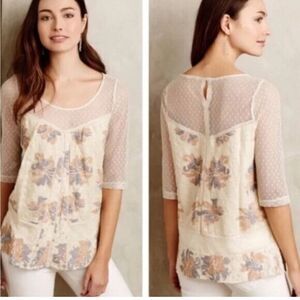 Anthropologie Women’s Meadow Rue Anja Ivory Lace Floral Top Sheer Sz Medium Boho
